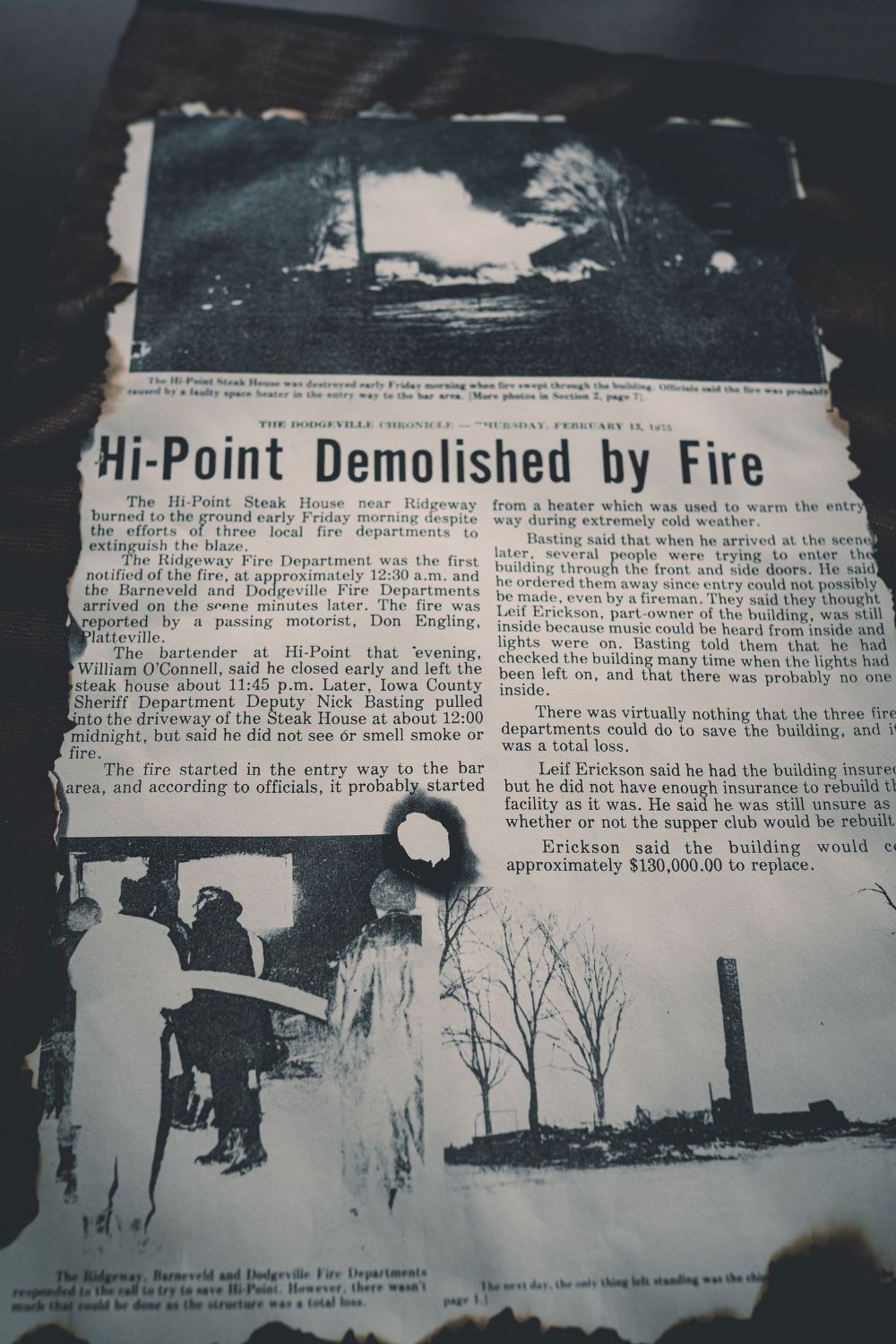 Newspaper clipping of the Ridgeway fire that demolished Hi Point Steakhouse in 1975.